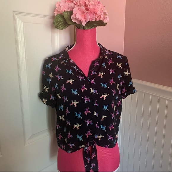 Spencer's Tops - Womens Short Sleeved Large Button Down Black Blouse with Unicorns (see close up)